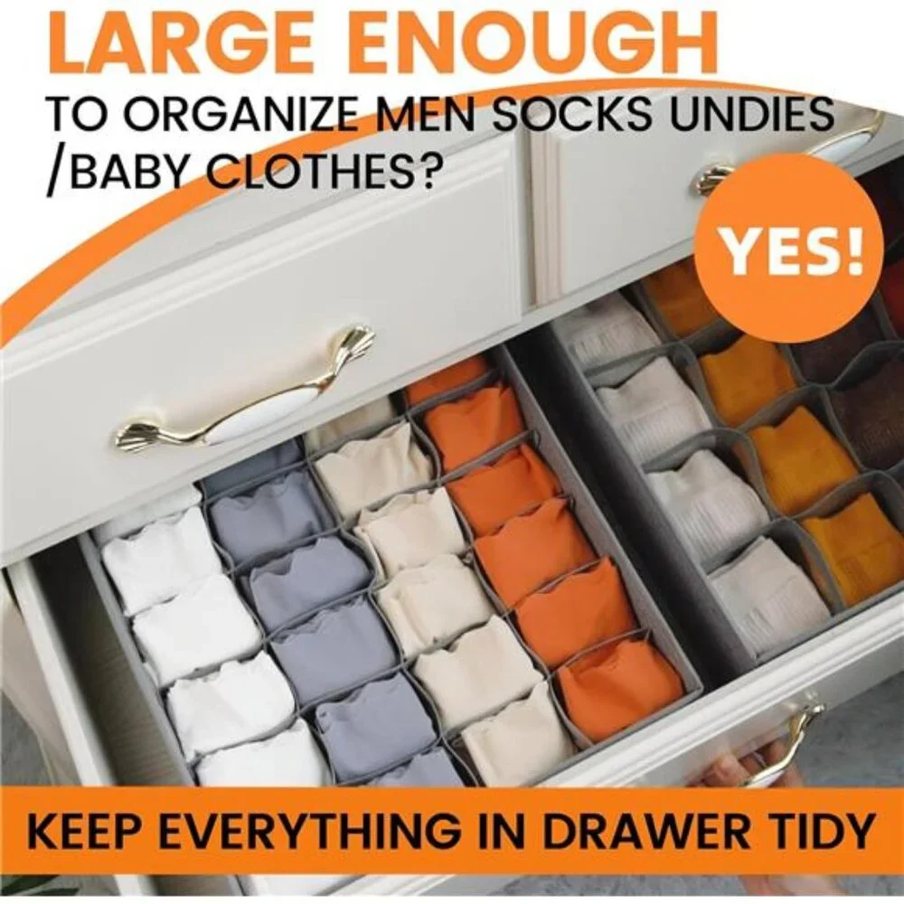 Sock Underwear Drawer Organizer Dividers Closet Storage Foldable 3 Pack Gray